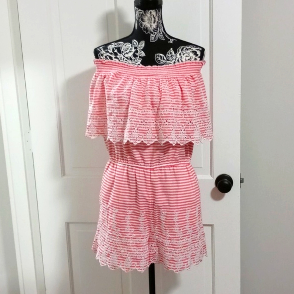 💗Crown & Ivy💗 - Pink/White Striped Off The Shoulder Romper